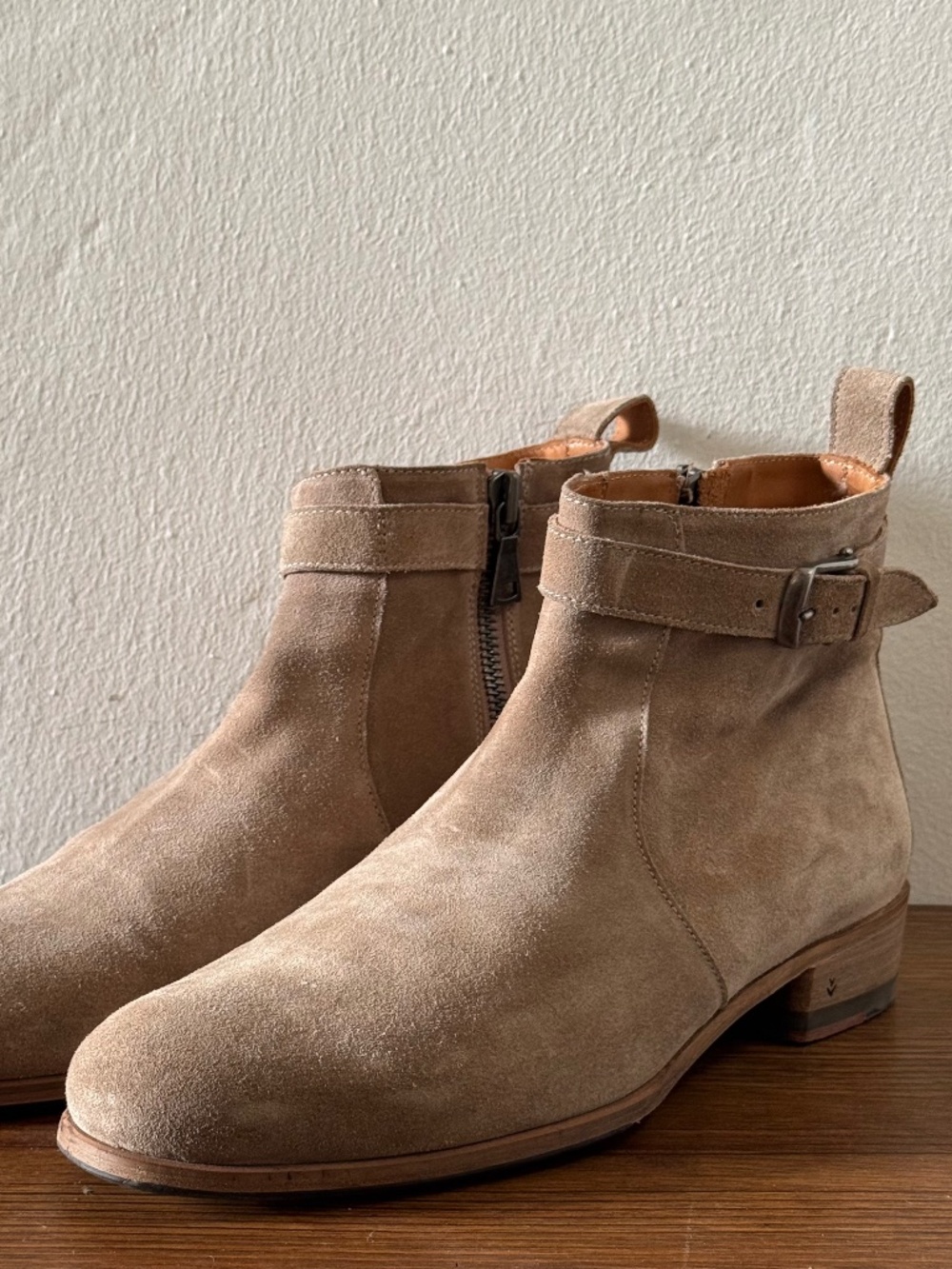 John Varvatos Suede Jodhpur Ankle Boots Men's Size 11 Taupe Side Zip Buckle Boot